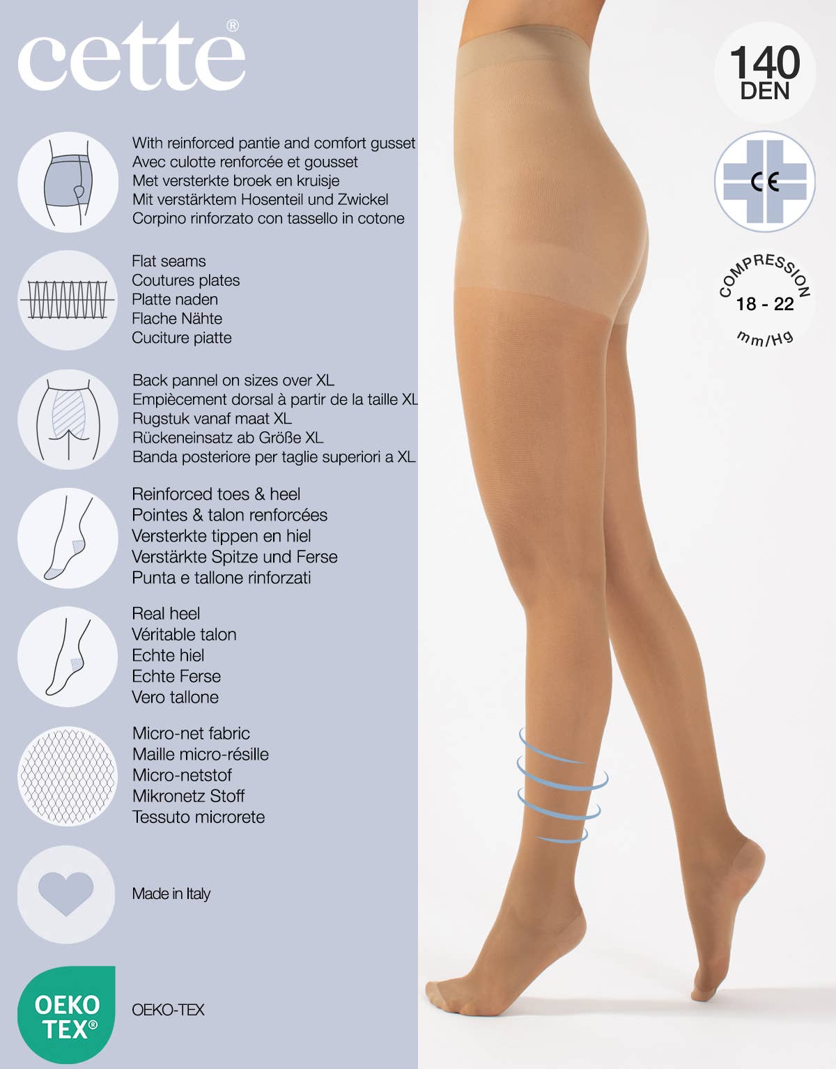 Medyczne rajstopy kompresyjne, mocny ucisk 15-21 mmHg, 140 DEN, cieliste