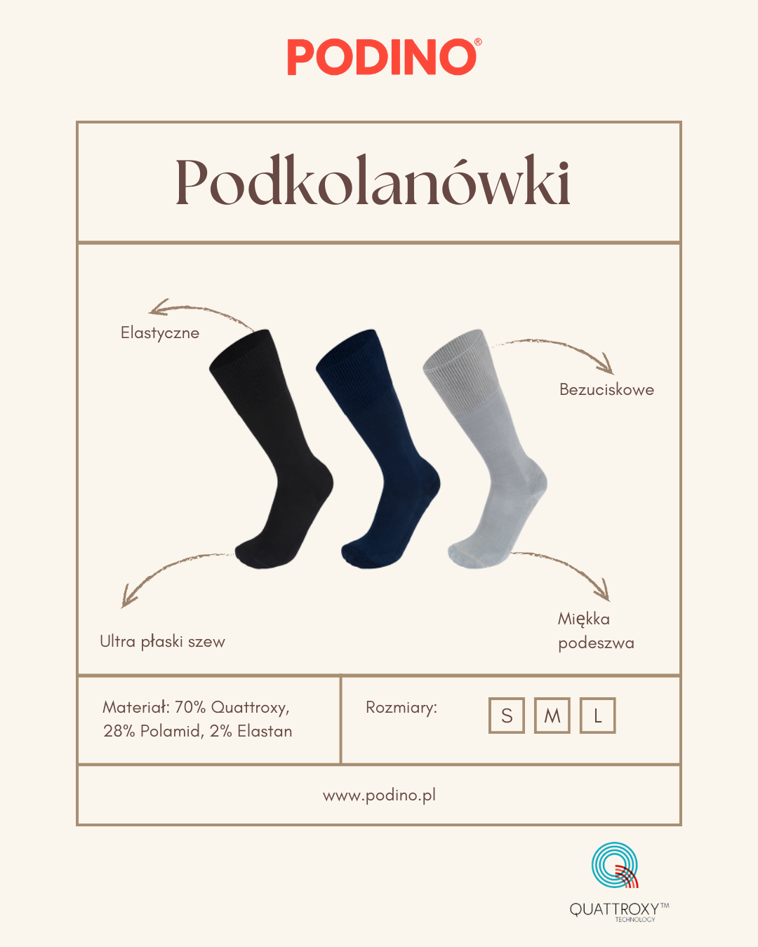 Podkolanówki bezuciskowe czarne Quattroxy™